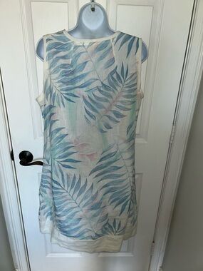 Sleeveless Cream Mini Dress with Blue Leaf Print